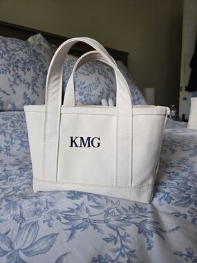 LL BEAN Boat And Tote Canvas Tote Bag with Navy Monogram